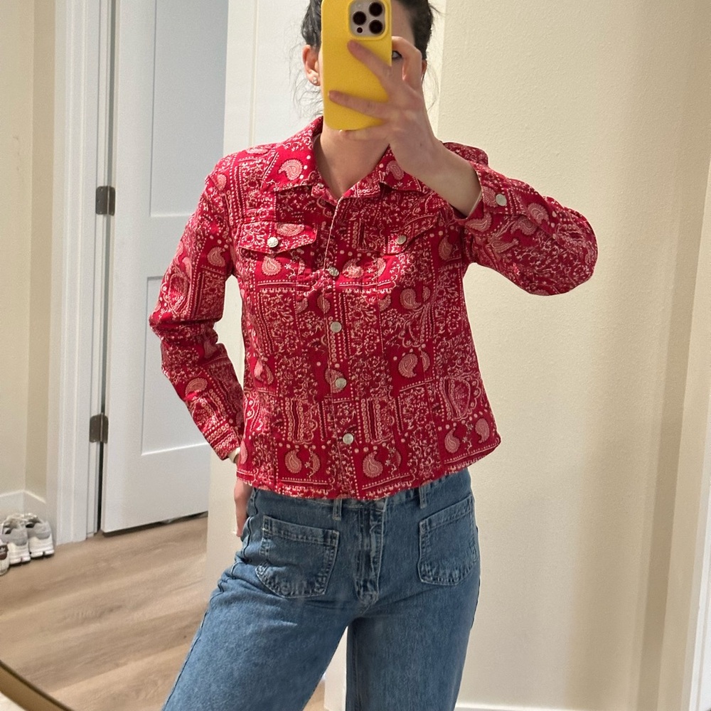 Red Bandana Paisley Denim Shirt Fitted Western‎ Top Coastal Cowgirl S
